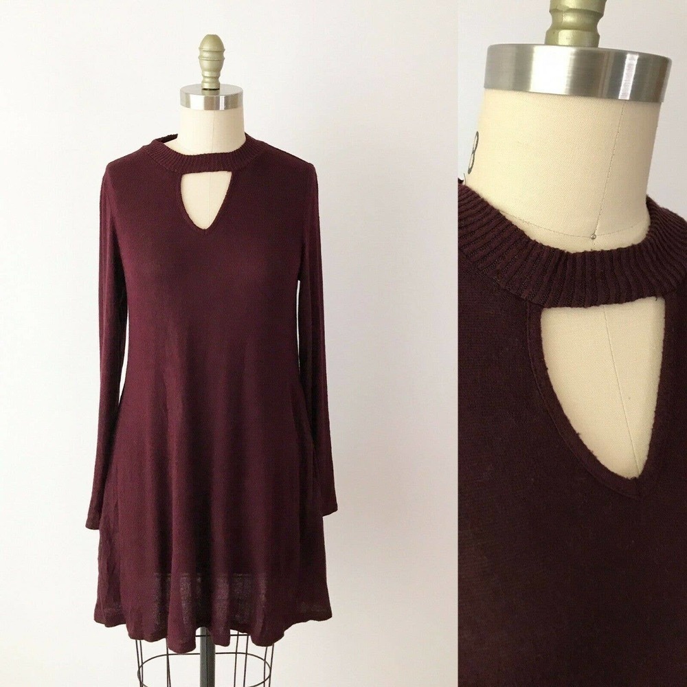 Fortune + Ivy Mini Dress Burgundy Choker Cutout Long Sleeve Pockets Medium